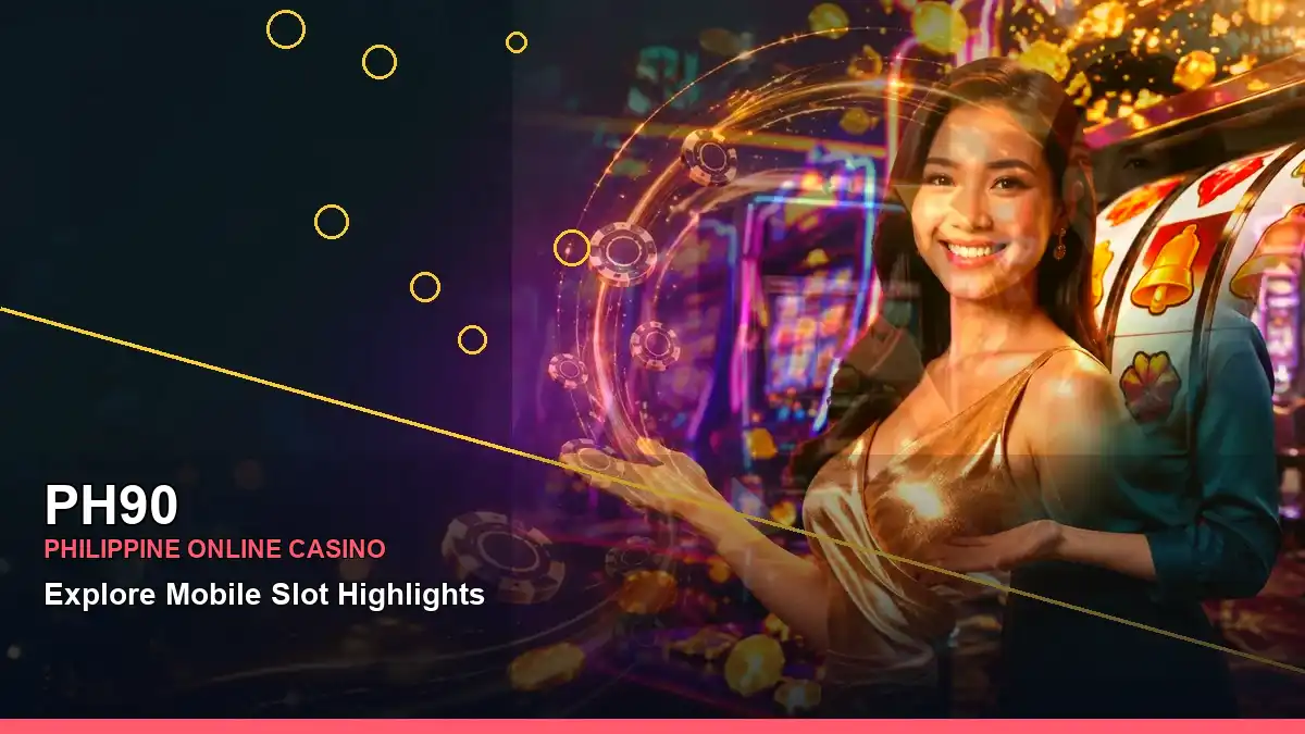 PH90 online slots with an adult Filipina casino host in a polished casino setting